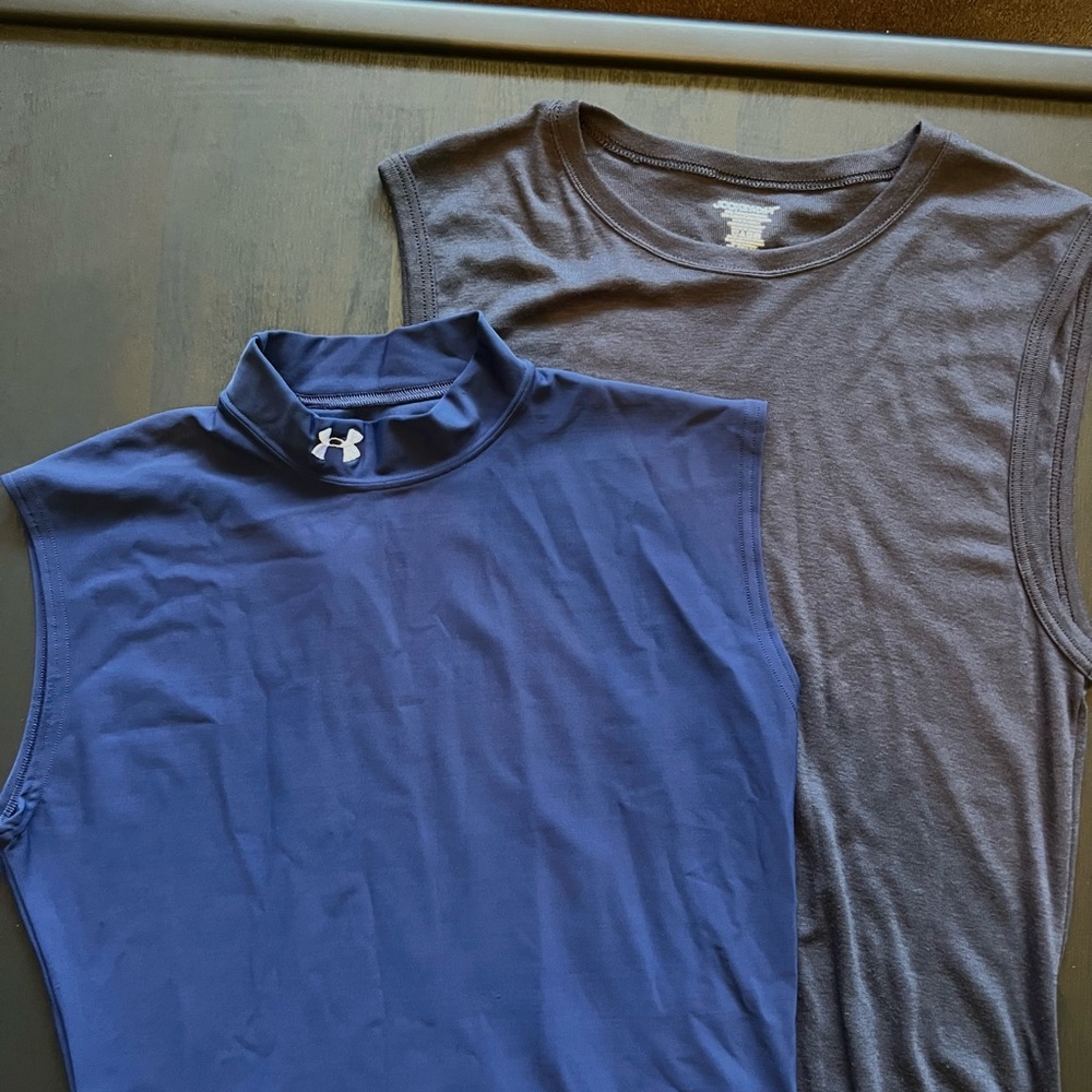 Blue and Gray Sleeveless Workout Tops